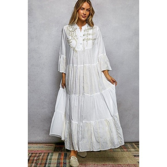 POL Cotton Embroidered Tiered Maxi Dress Boho Bell Sleeve Button Front - Picture 4 of 4